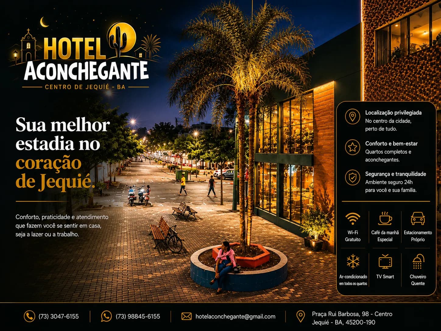 Fachada do Hotel Aconchegante à noite